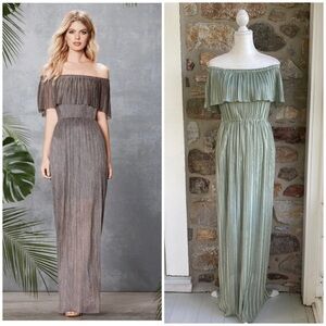 Dress the Population Athena Off the Shoulder Pleated Maxi Dress in Sage / Gold